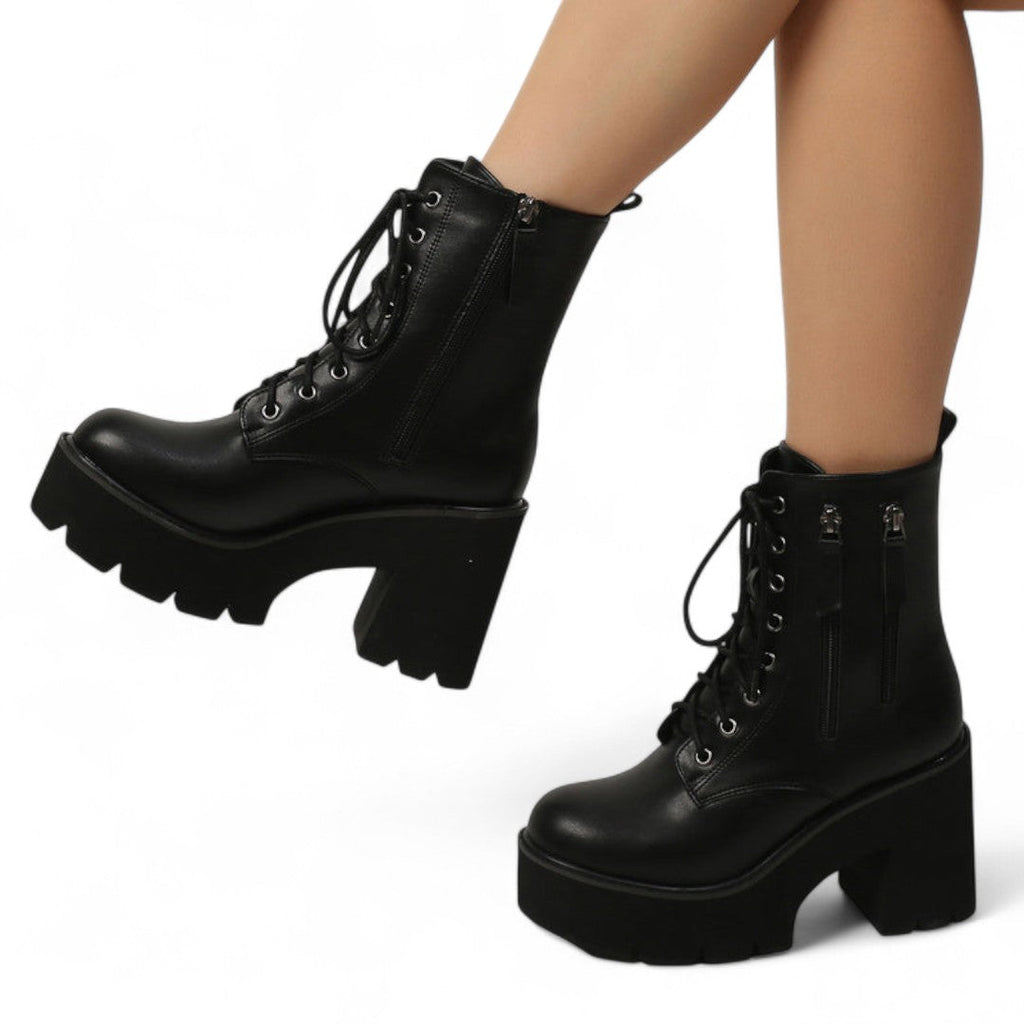 Women’s Ankle Boots – Round Toe Design with Chunky Heel, Lace Up Front and Side Zip Closure