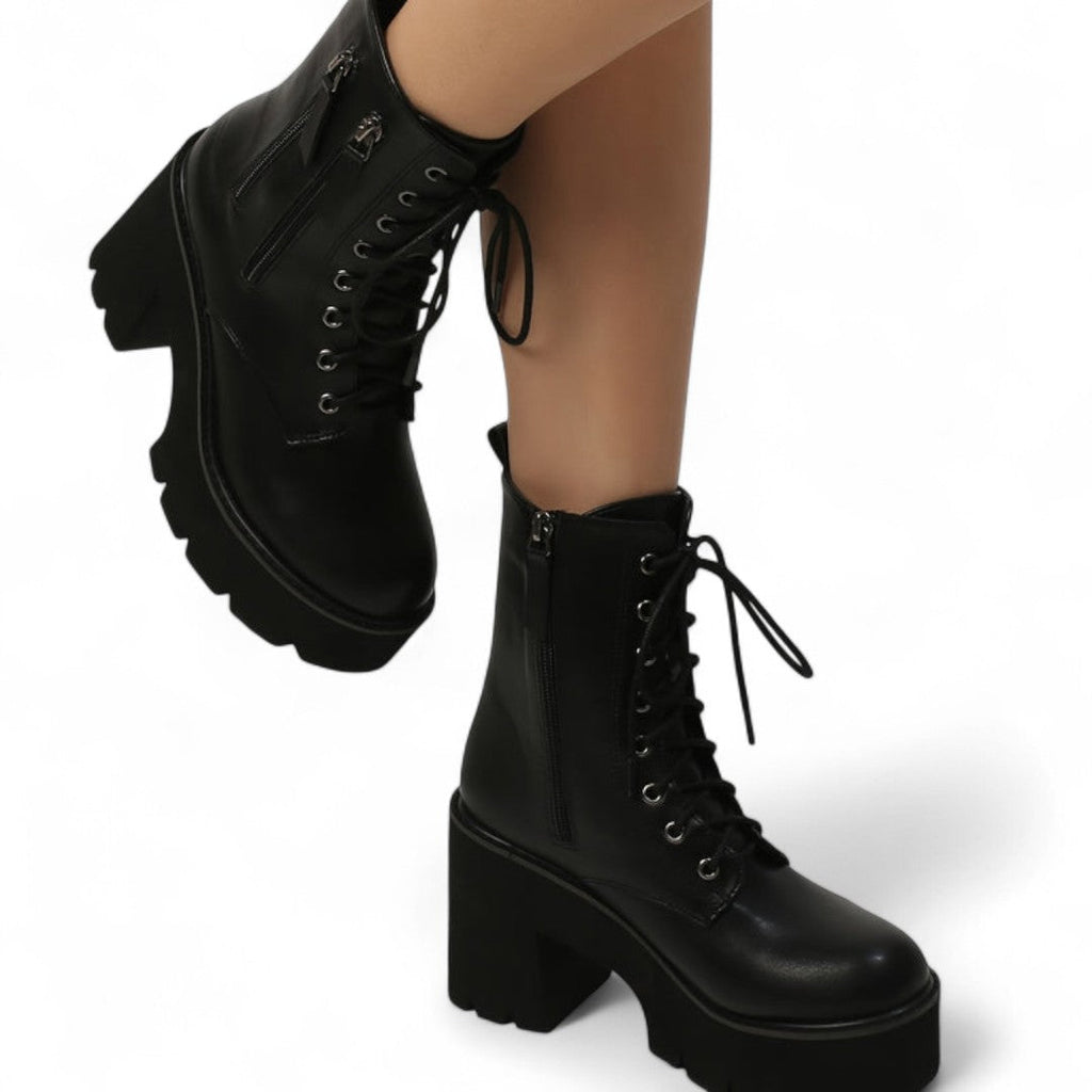 Women’s Ankle Boots – Round Toe Design with Chunky Heel, Lace Up Front and Side Zip Closure