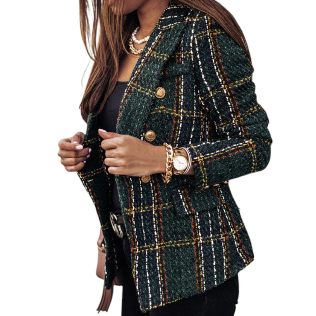 Women’s Checked Blazer – Longline Design, Button Closure, Structured Fit