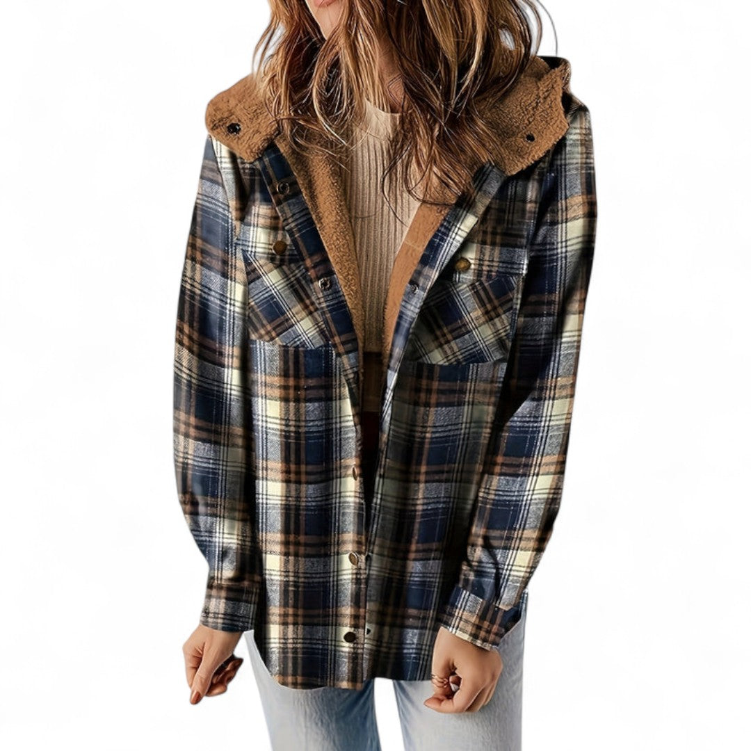 Women’s Checked Hooded Jacket – Long Sleeves, Snap Button Front, Flap Pockets