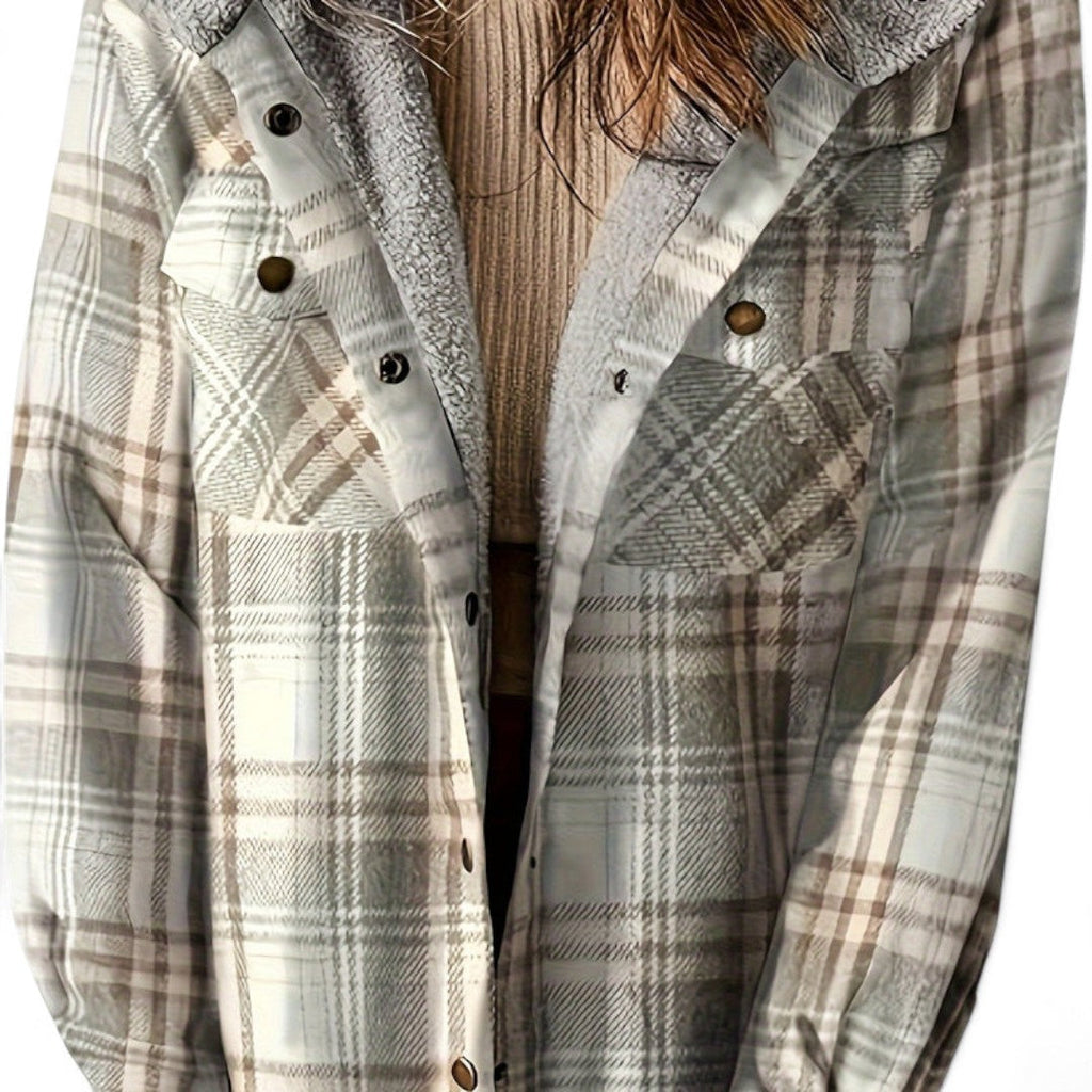 Women’s Checked Hooded Jacket – Long Sleeves, Snap Button Front, Flap Pockets