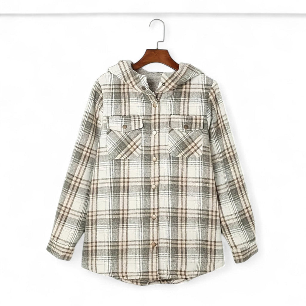 Women’s Checked Hooded Jacket – Long Sleeves, Snap Button Front, Flap Pockets