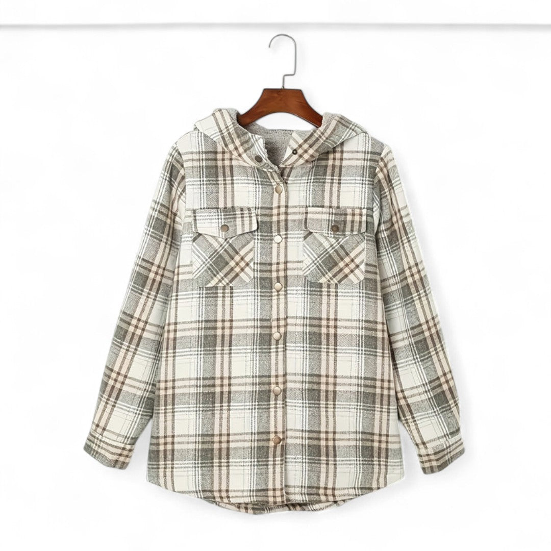 Women’s Checked Hooded Jacket – Long Sleeves, Snap Button Front, Flap Pockets