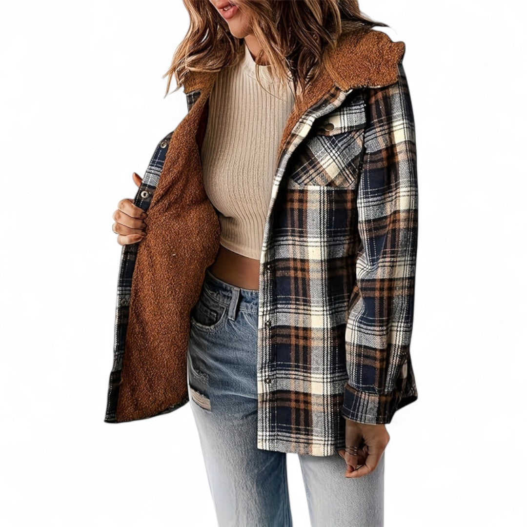 Women’s Checked Hooded Jacket – Long Sleeves, Snap Button Front, Flap Pockets