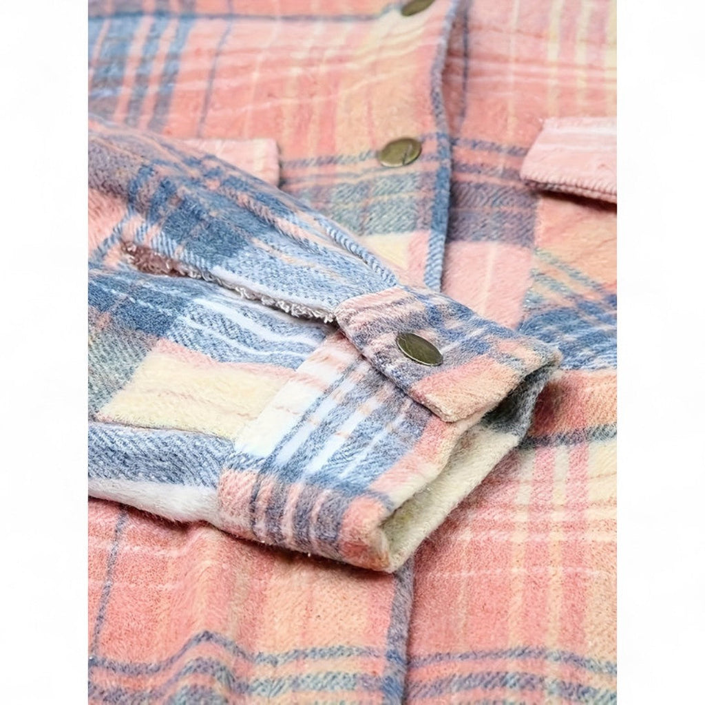 Women’s Checked Hooded Jacket – Long Sleeves, Snap Button Front, Flap Pockets