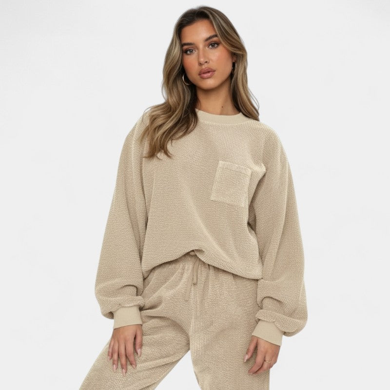 Women’s Corduroy Two Piece Set – Long Sleeve Top with Pocket, Drawstring Waist Trousers