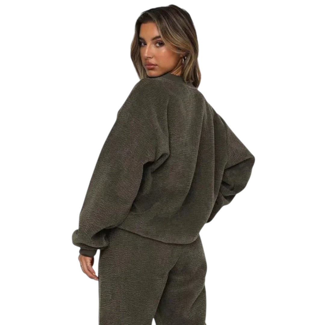 Women’s Corduroy Two Piece Set – Long Sleeve Top with Pocket, Drawstring Waist Trousers