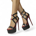 Women’s High Heel Platform Sandals – Open Toe, Strappy Design, Back Zip Closure, Black and Red