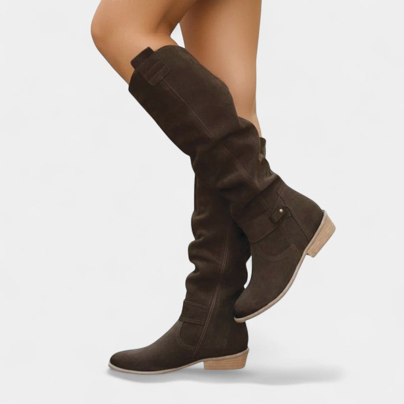 Women’s High Slouchy Boots – Low Heel, Textured Finish