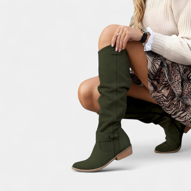 Women’s High Slouchy Boots – Low Heel, Textured Finish
