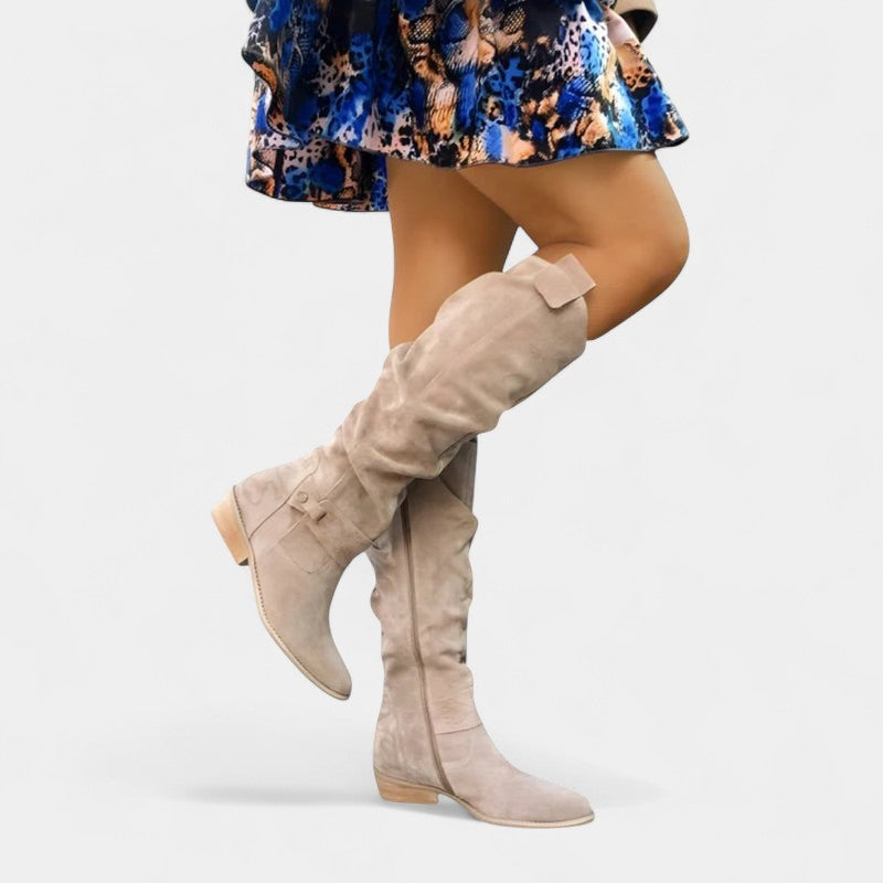 Women’s High Slouchy Boots – Low Heel, Textured Finish