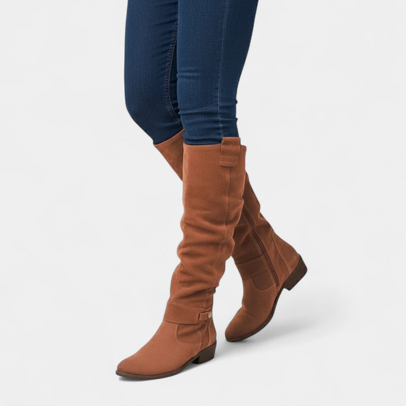 Women’s High Slouchy Boots – Low Heel, Textured Finish