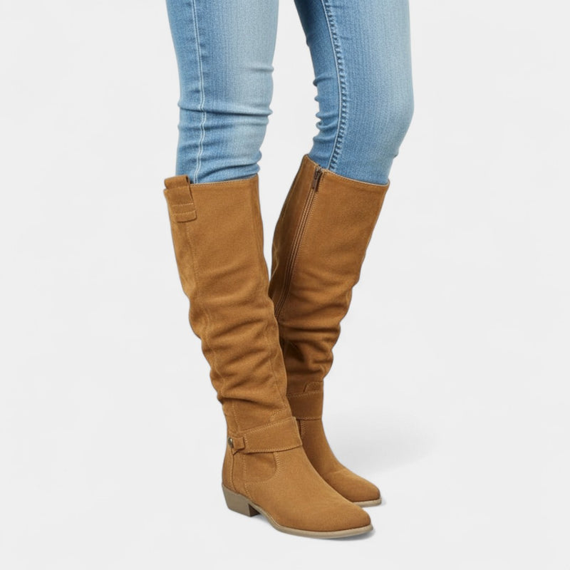 Women’s High Slouchy Boots – Low Heel, Textured Finish