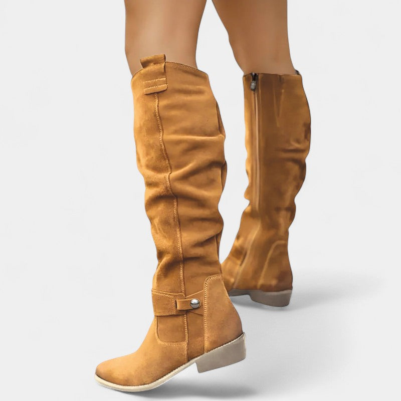 Women’s High Slouchy Boots – Low Heel, Textured Finish