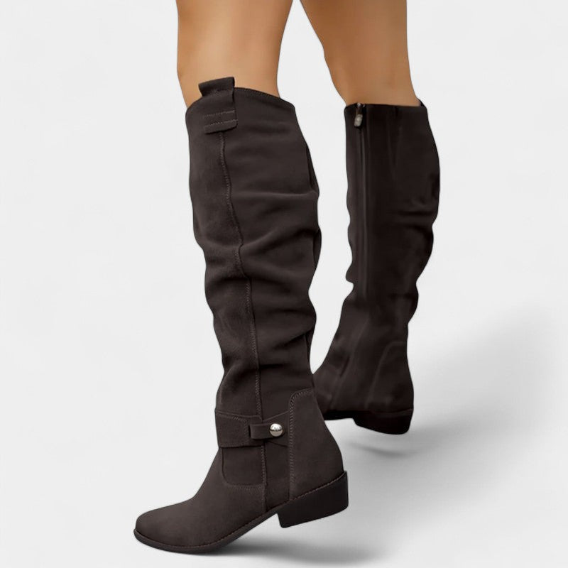 Women’s High Slouchy Boots – Low Heel, Textured Finish