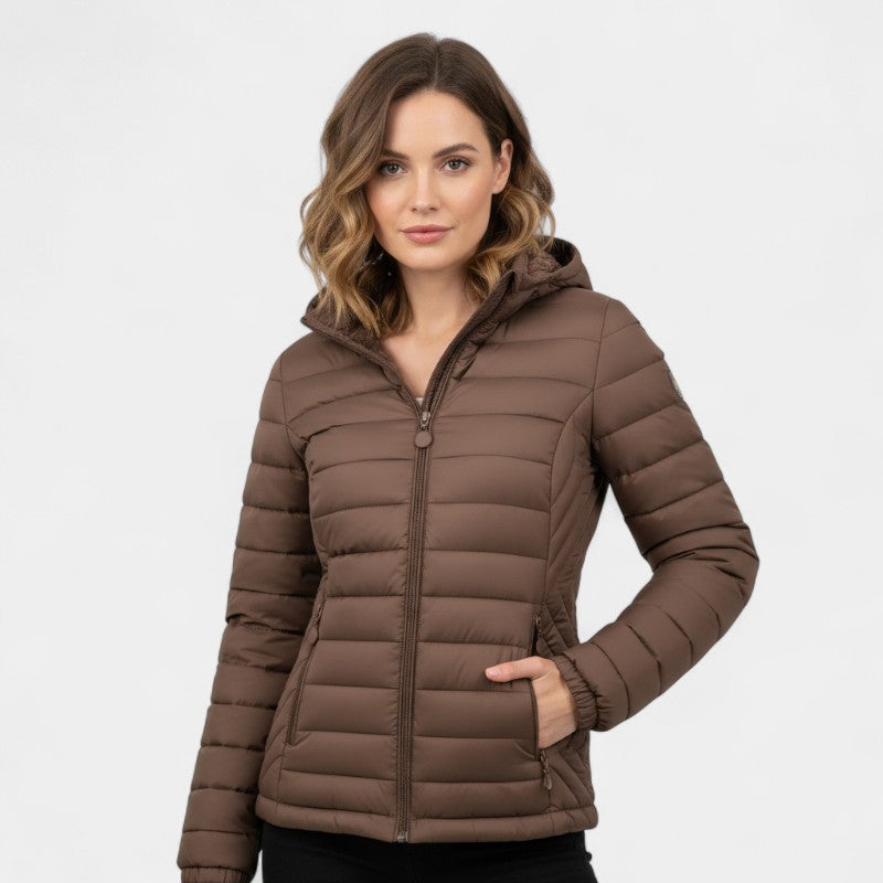 Women’s Hooded Puffer Jacket – Long Sleeves, Zip Front, Padded Design with Pockets