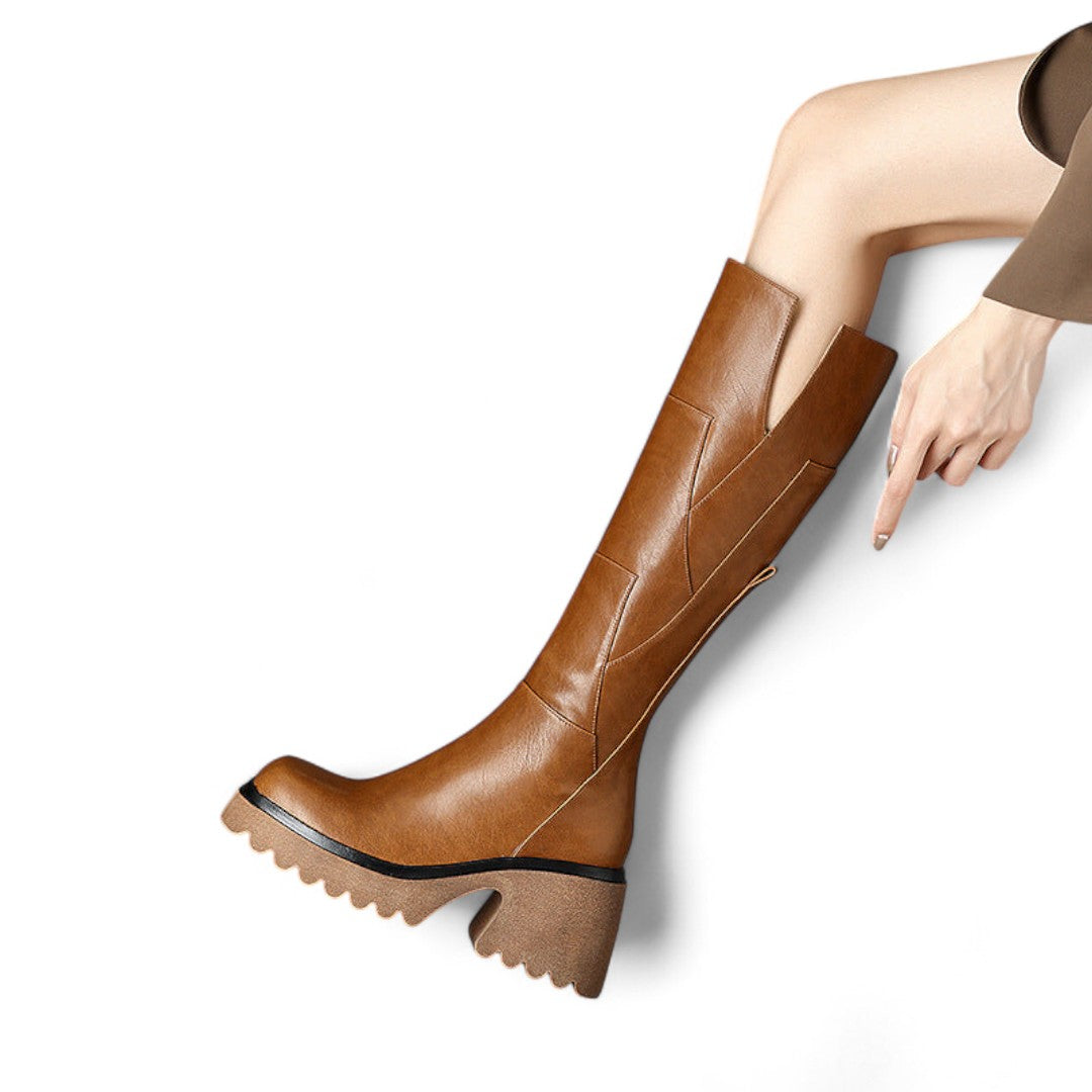 Women’s Knee High Boots – Chunky Heel, Platform Sole, Side Zip
