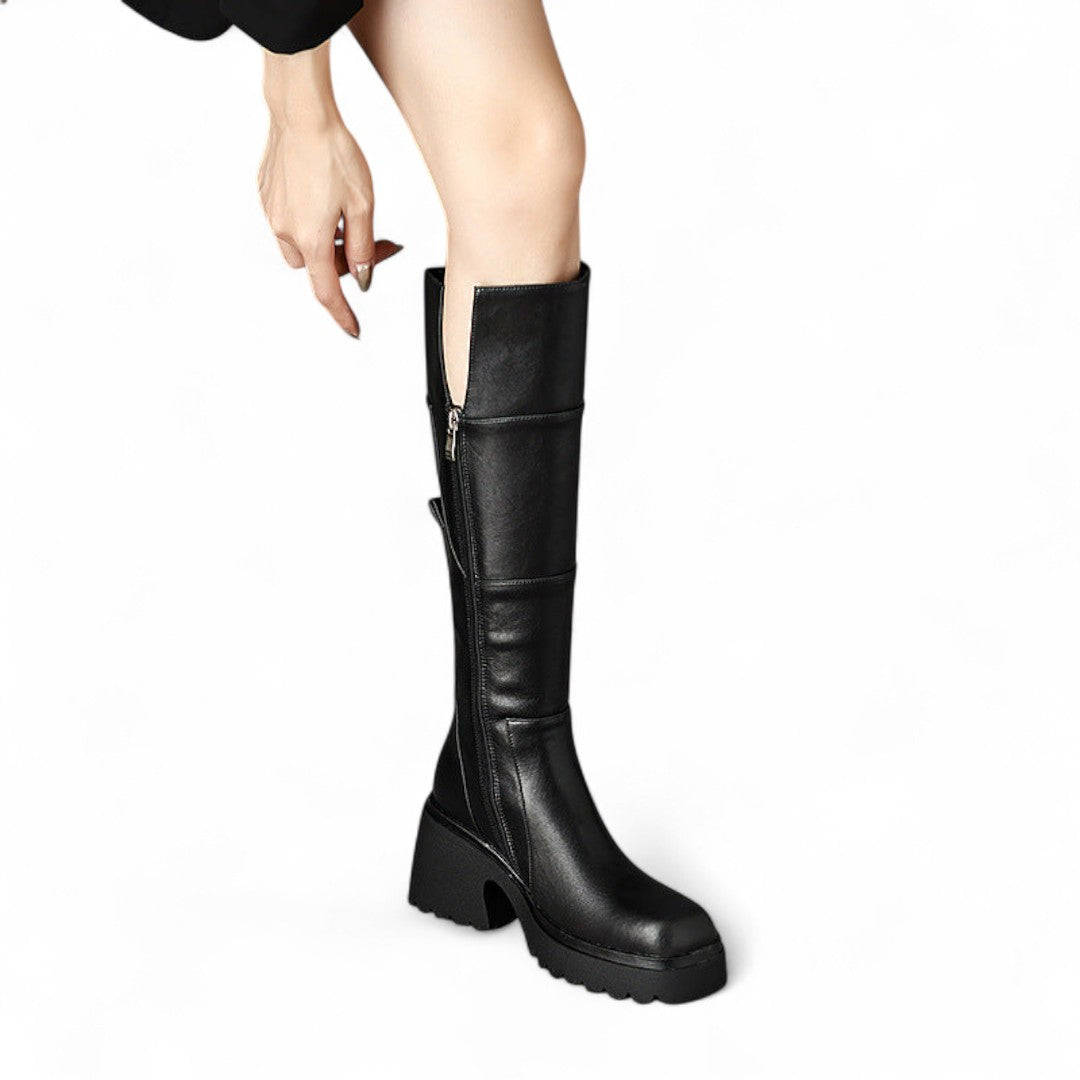 Women’s Knee High Boots – Chunky Heel, Platform Sole, Side Zip