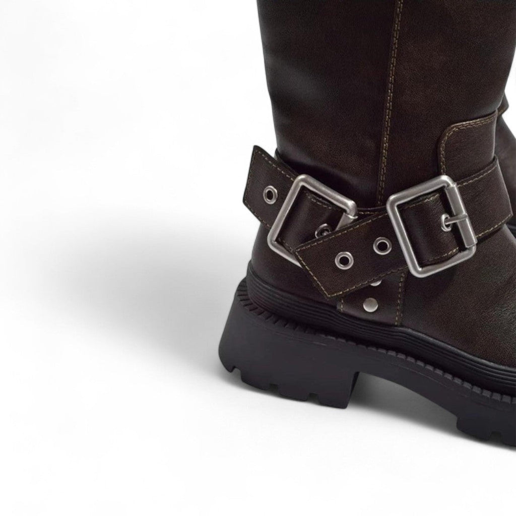 Women’s Knee High Boots – Round Toe, Side Buckle Strap