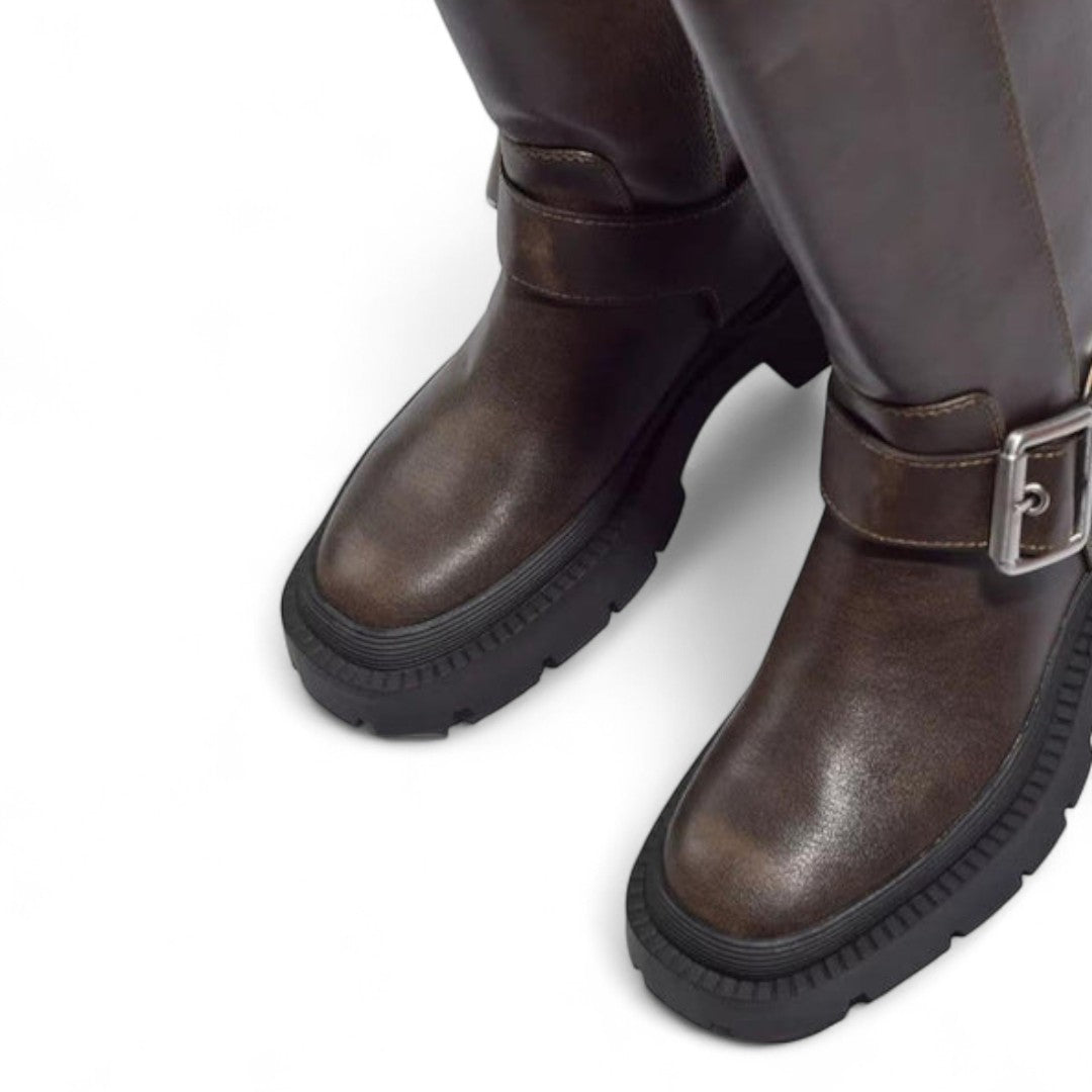 Women’s Knee High Boots – Round Toe, Side Buckle Strap