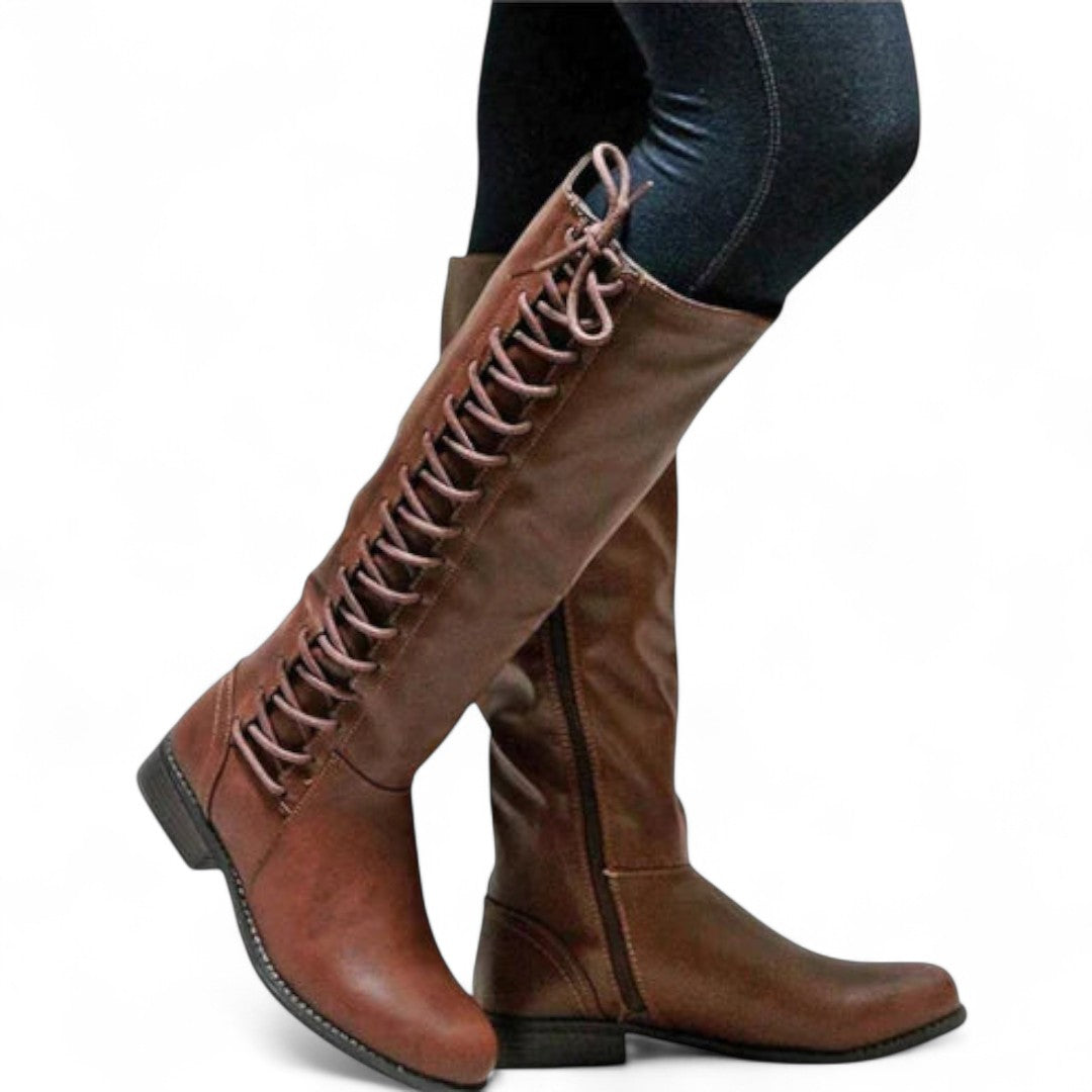 Women's Knee-High Boots - Side Lace-Up with Inner Zip and Low Heel