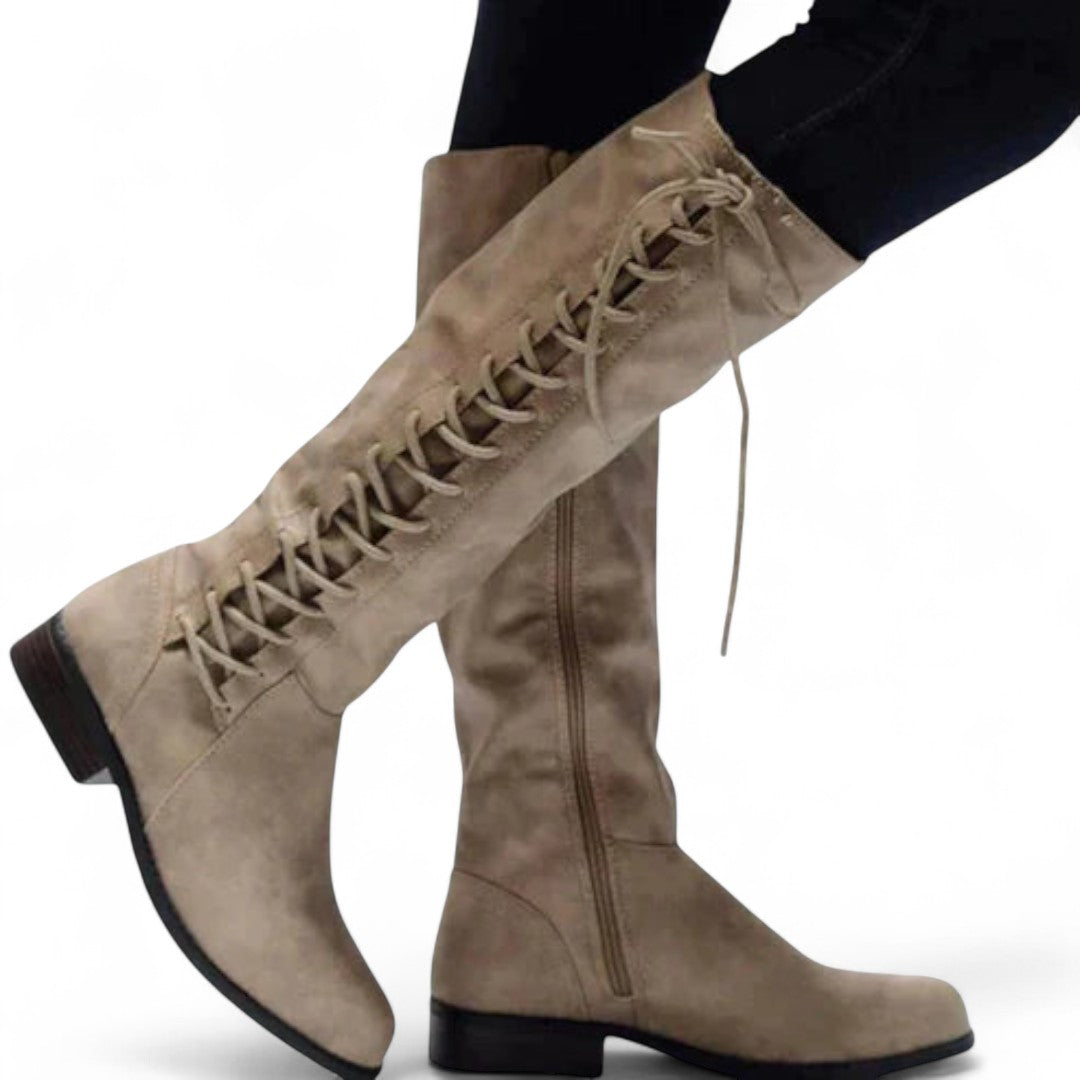 Women's Knee-High Boots - Side Lace-Up with Inner Zip and Low Heel