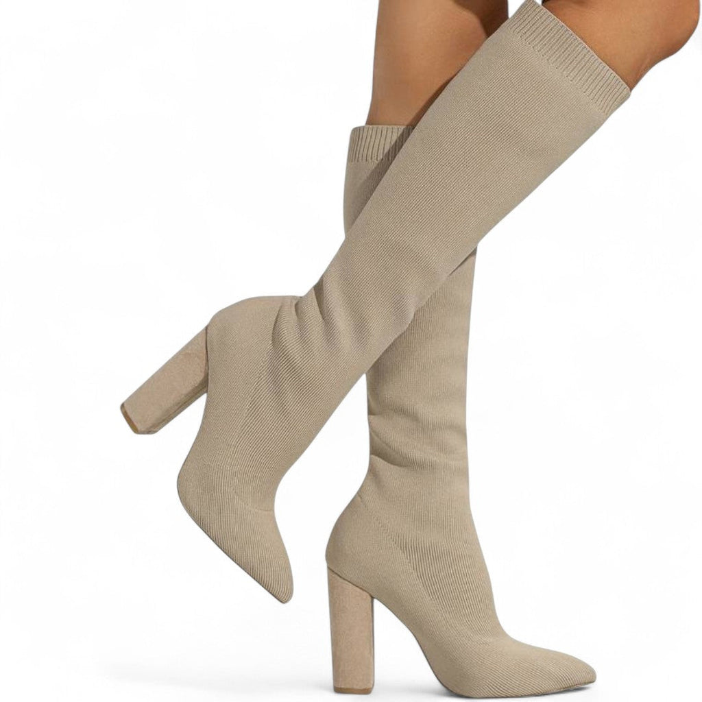 Women’s Knee High Boots – Sock Fit Design, Pointed Toe, High Block Heel