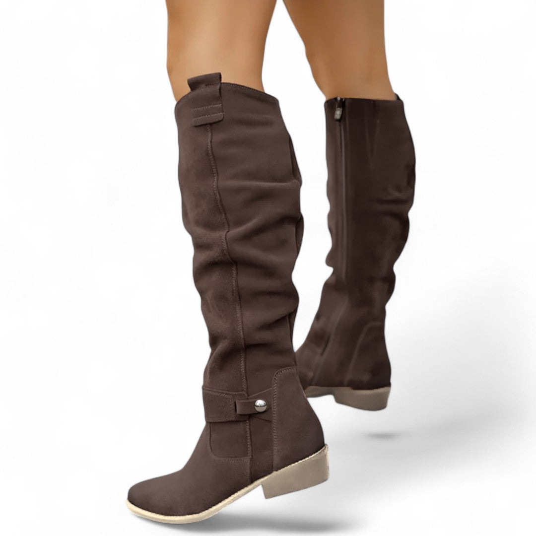 Women’s Knee High Boots – Finish, Side Zip, Low Block Heel, Strap Detail