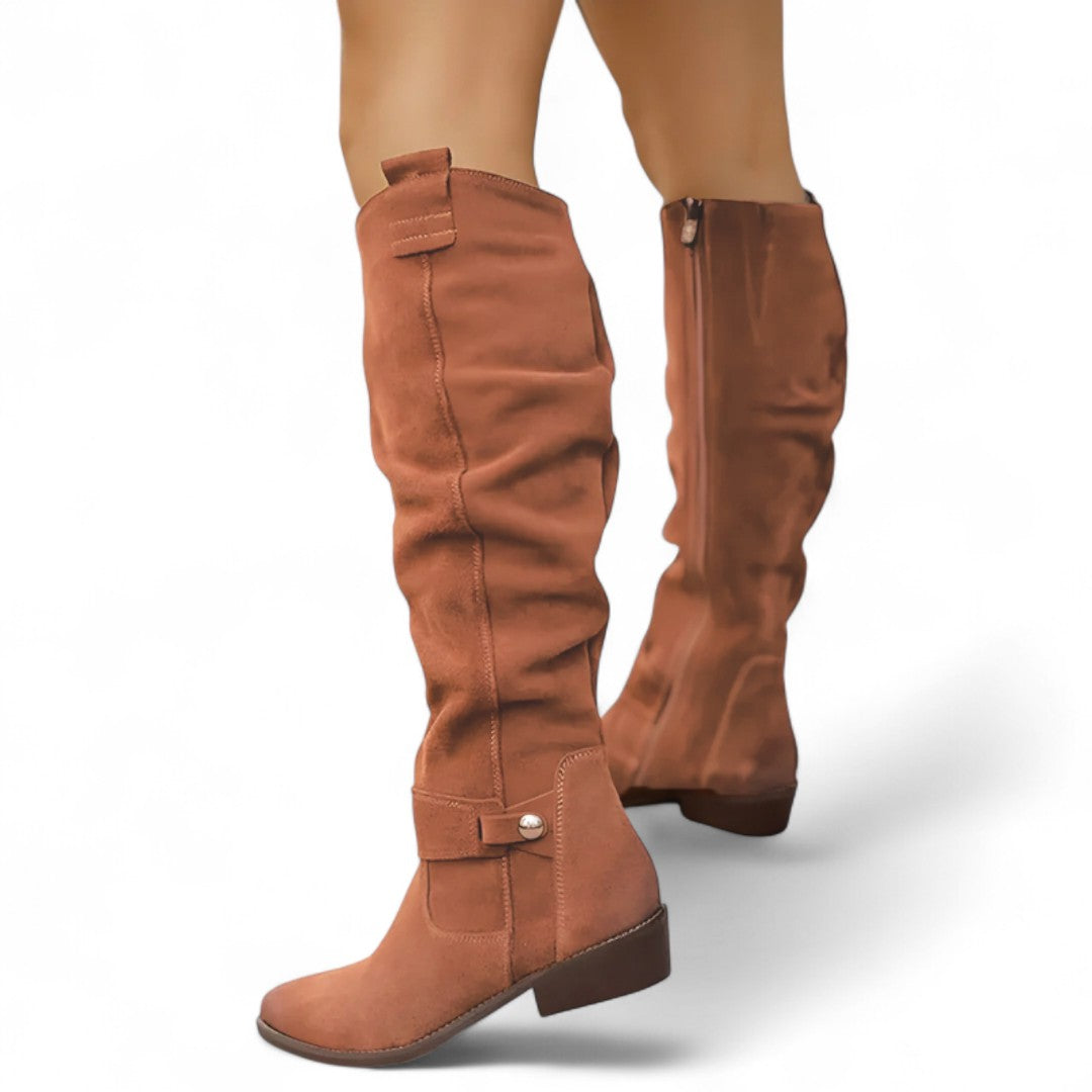 Women’s Knee High Boots – Finish, Side Zip, Low Block Heel, Strap Detail
