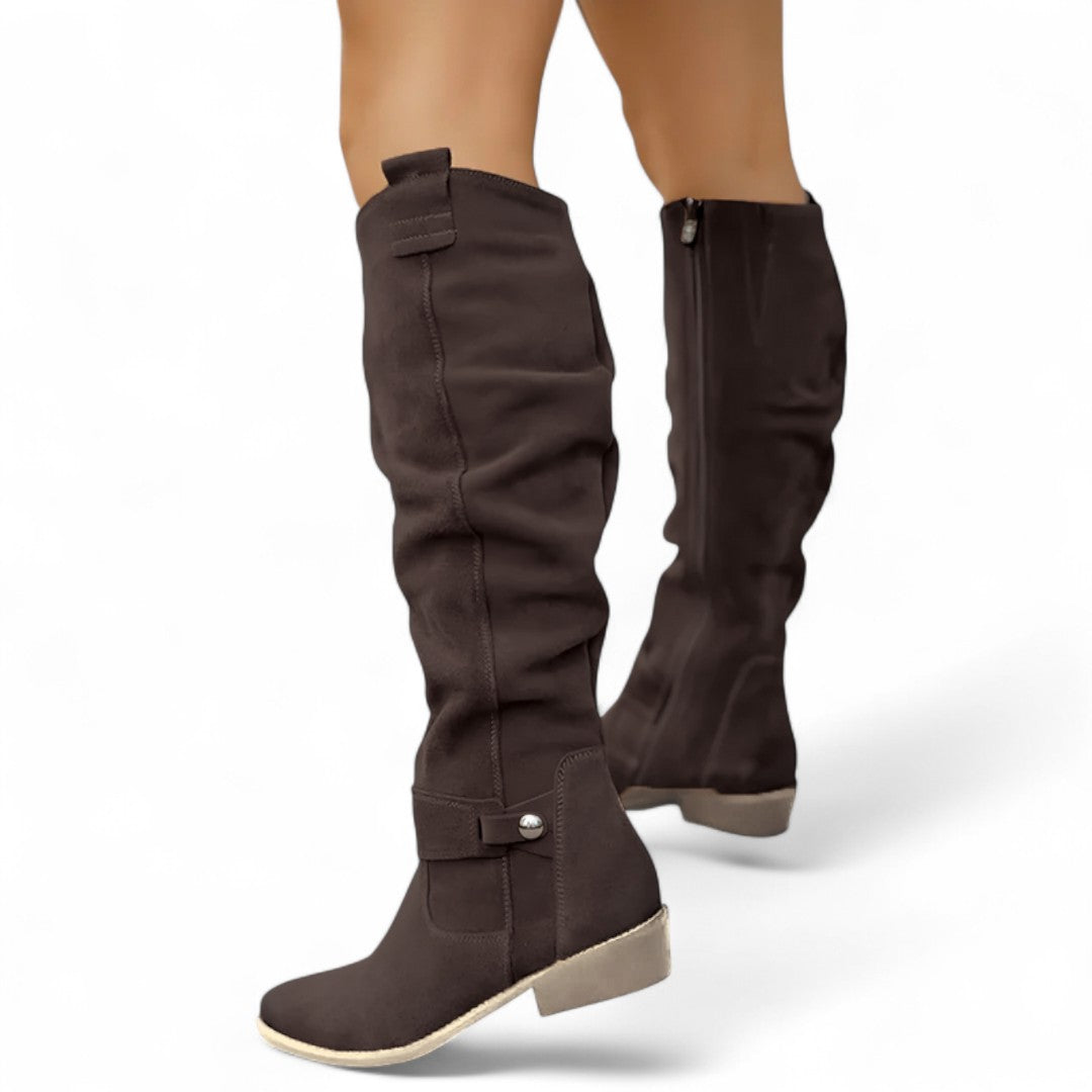Women’s Knee High Boots – Finish, Side Zip, Low Block Heel, Strap Detail