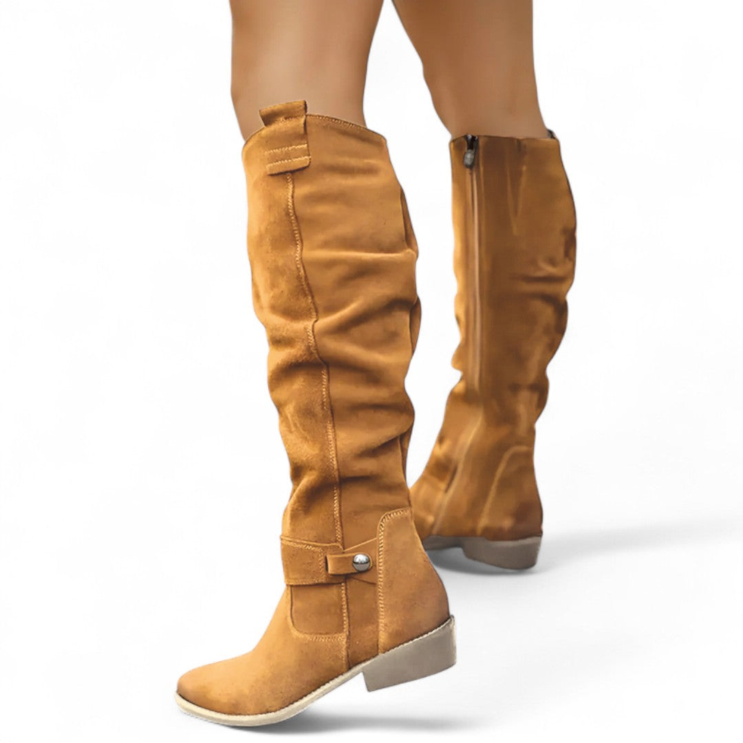 Women’s Knee High Boots – Finish, Side Zip, Low Block Heel, Strap Detail