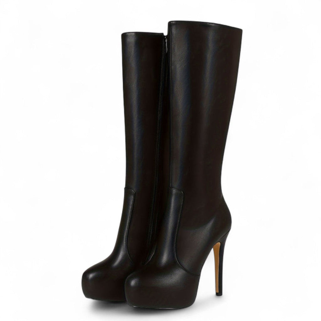 Women’s Knee High Platform Boots – High Stiletto Heel with Side Zip and Round Toe Design