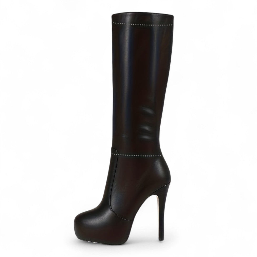 Women’s Knee High Platform Boots – High Stiletto Heel with Side Zip and Round Toe Design
