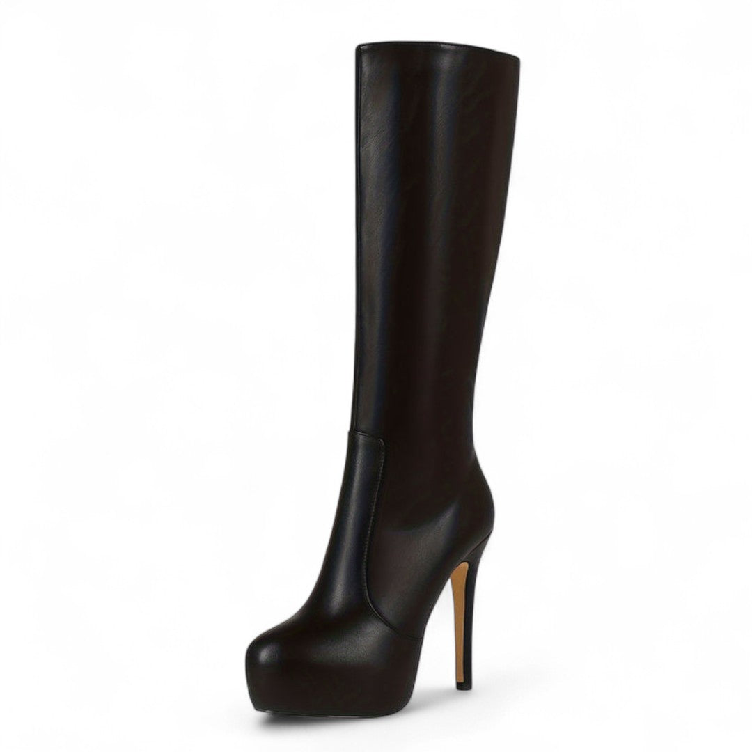 Women’s Knee High Platform Boots – High Stiletto Heel with Side Zip and Round Toe Design