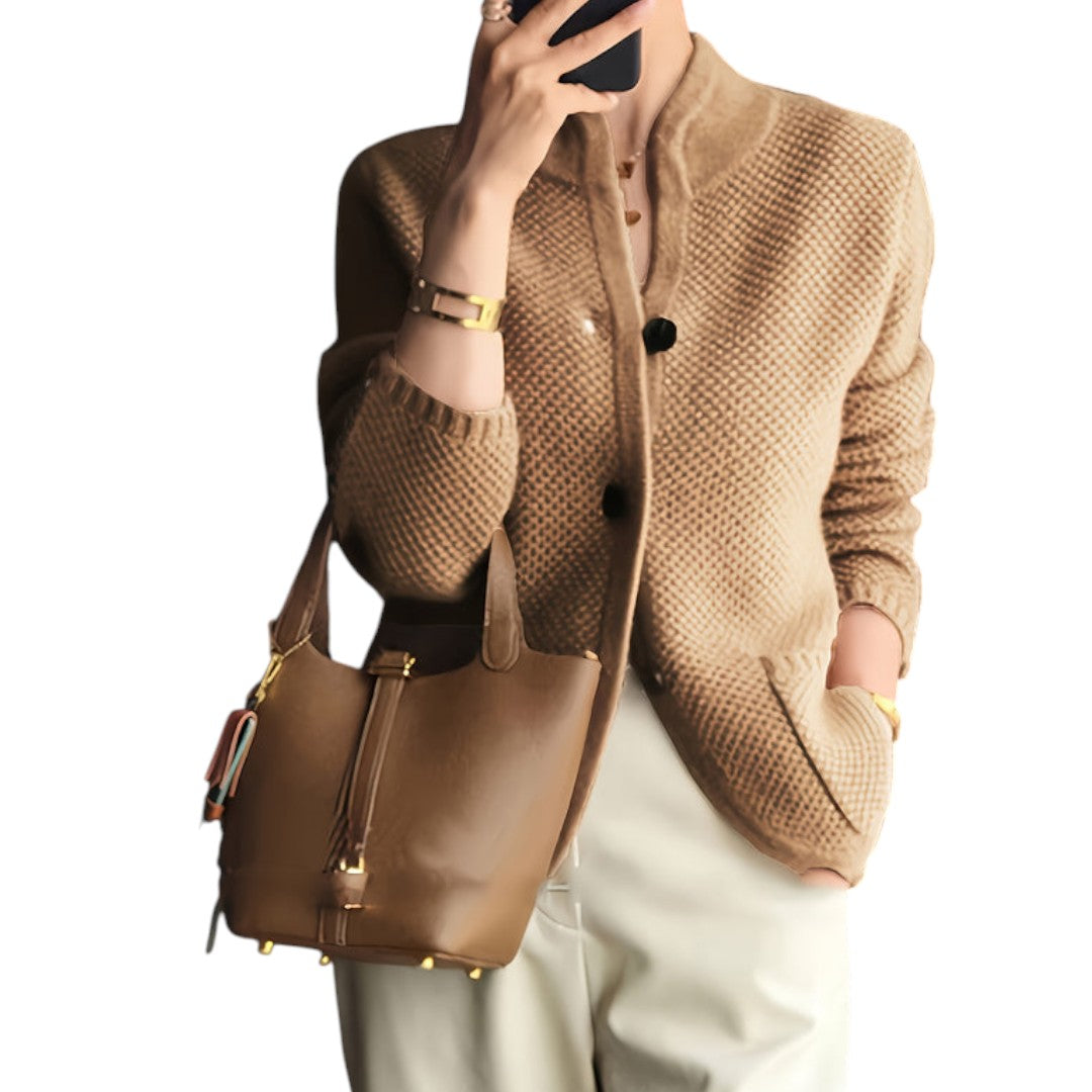 Women’s Knitted Cardigan – Button Front, Long Sleeves, Stand Collar