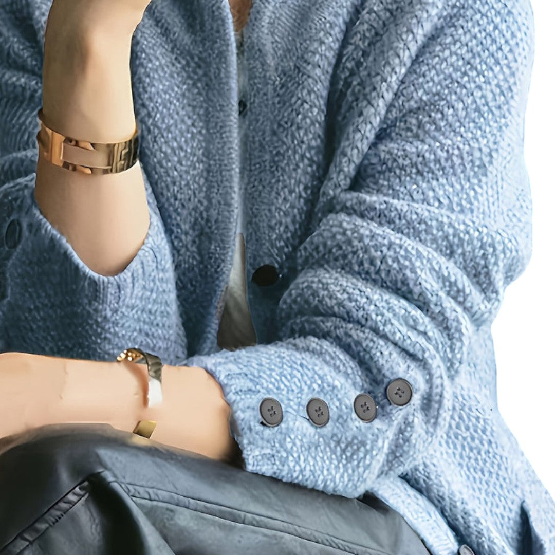 Women’s Knitted Cardigan – Button Front, Long Sleeves, Stand Collar