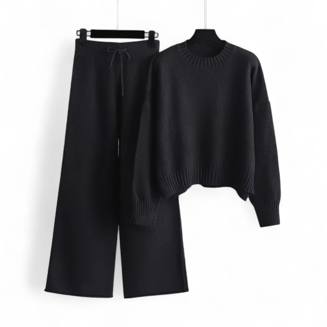 Women’s Knitted Two Piece Set – Long Sleeve Jumper, Wide Leg Trousers, Drawstring Waist