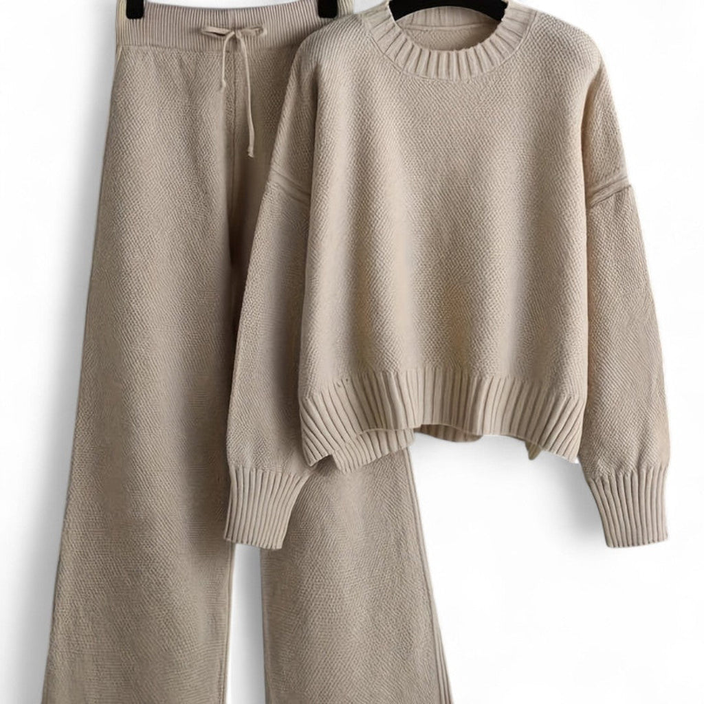 Women’s Knitted Two Piece Set – Long Sleeve Jumper, Wide Leg Trousers, Drawstring Waist