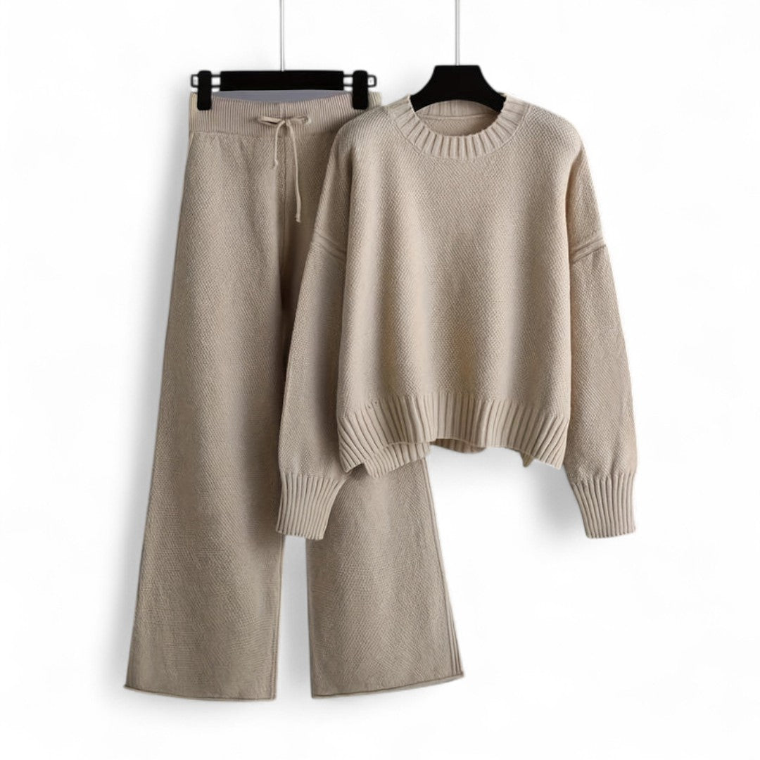 Women’s Knitted Two Piece Set – Long Sleeve Jumper, Wide Leg Trousers, Drawstring Waist