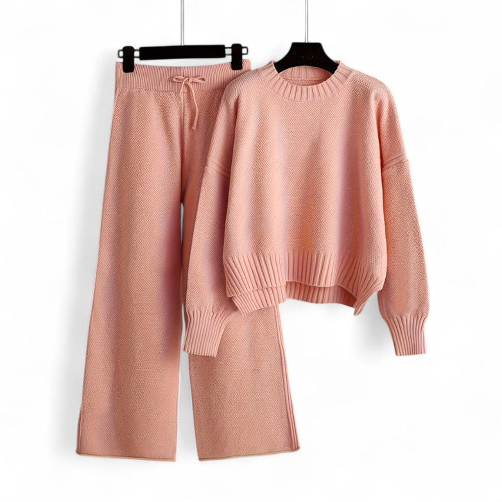 Women’s Knitted Two Piece Set – Long Sleeve Jumper, Wide Leg Trousers, Drawstring Waist