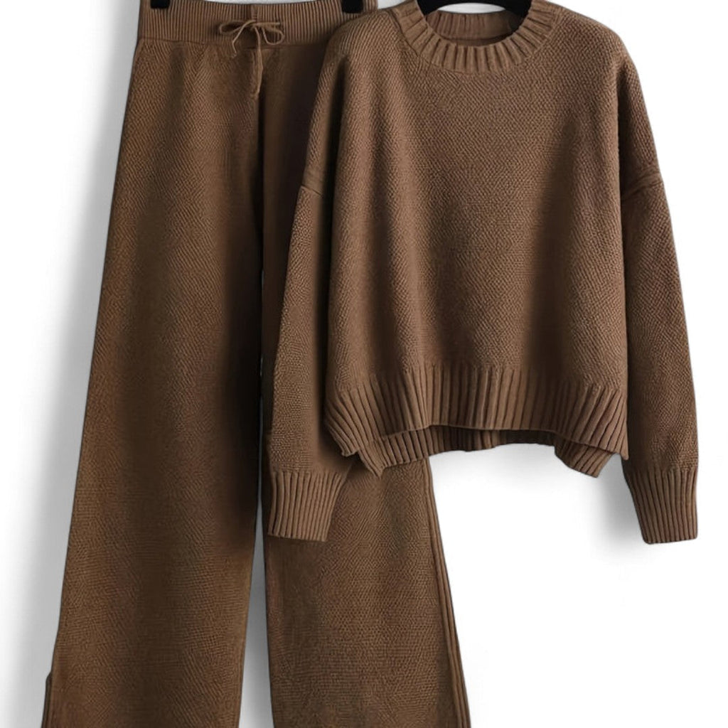 Women’s Knitted Two Piece Set – Long Sleeve Jumper, Wide Leg Trousers, Drawstring Waist