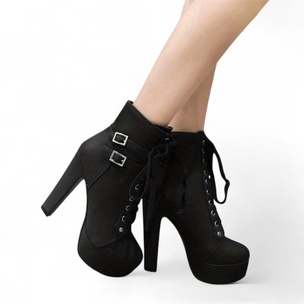 Women’s Lace Up Ankle Boots – Platform Design with Block Heel and Buckle Detail