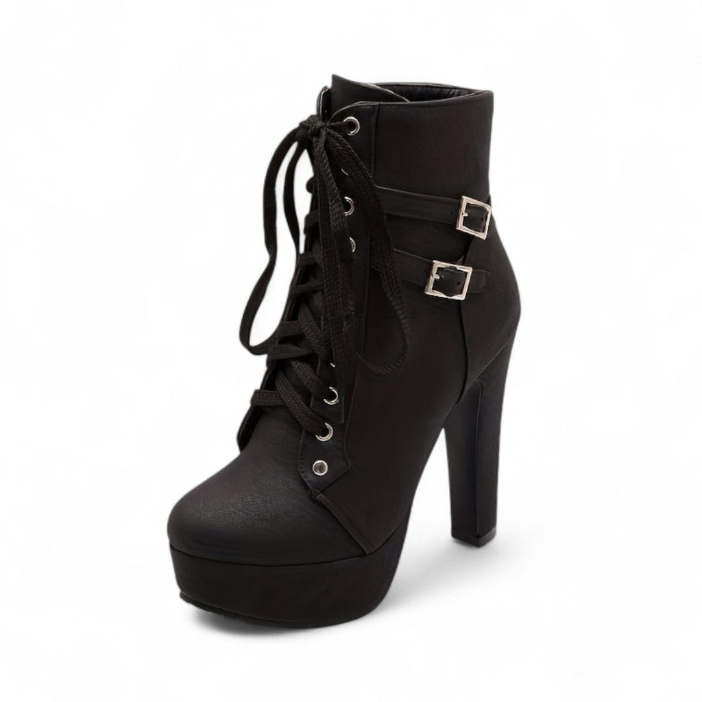 Women’s Lace Up Ankle Boots – Platform Design with Block Heel and Buckle Detail