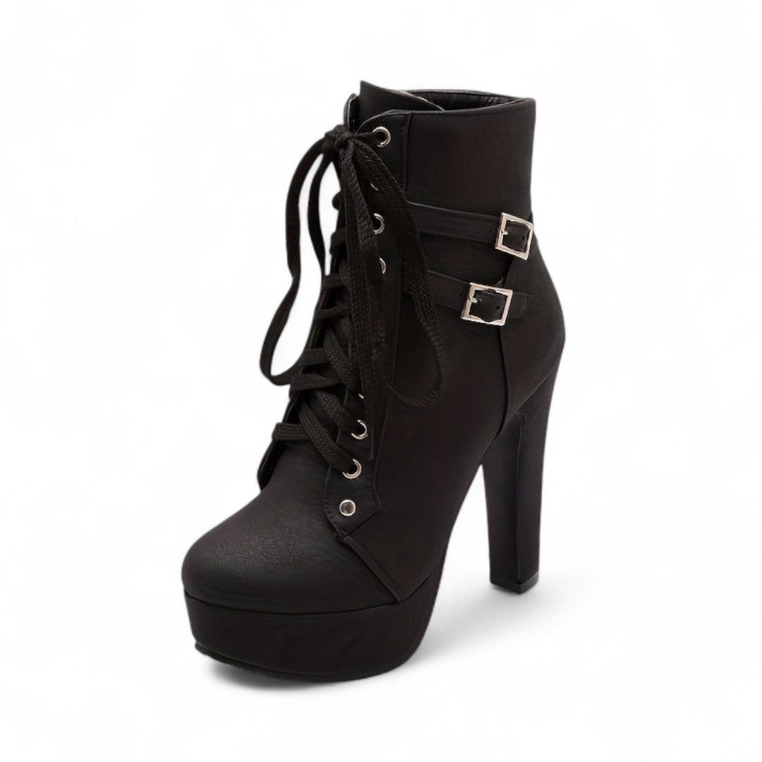 Women’s Lace Up Ankle Boots – Platform Design with Block Heel and Buckle Detail