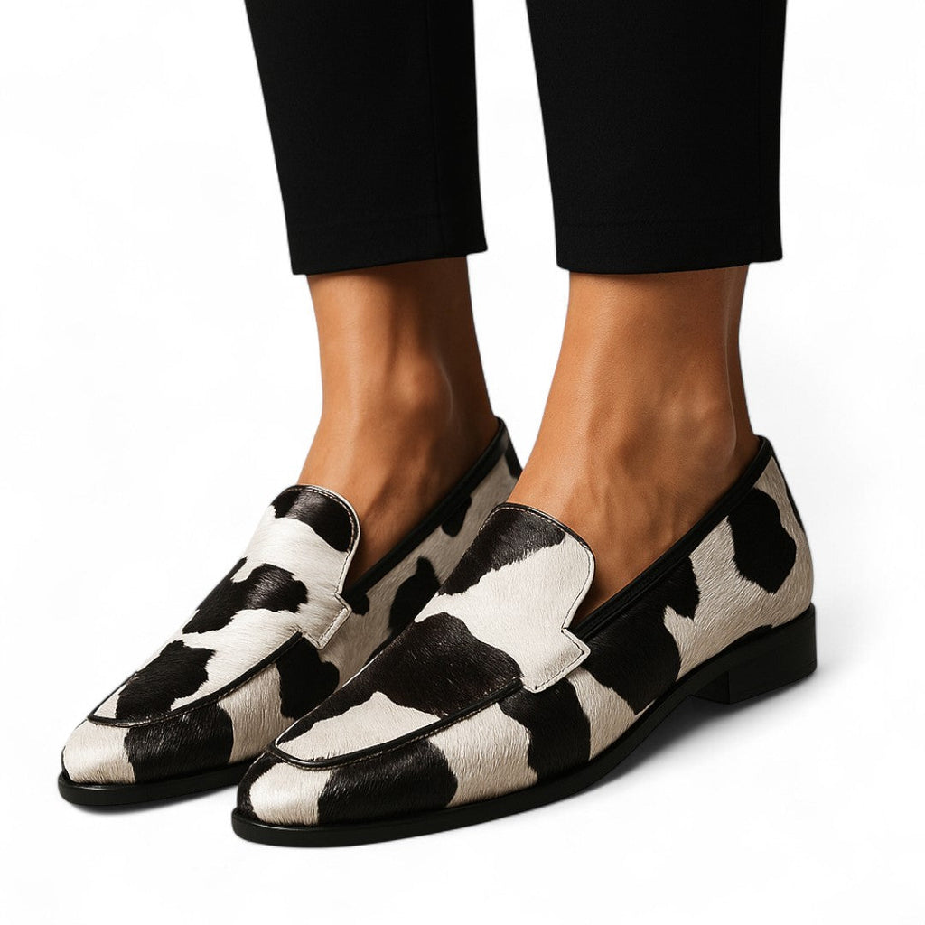 Women’s Loafers – Slip On Design, Cow Print Pattern, Low Heel