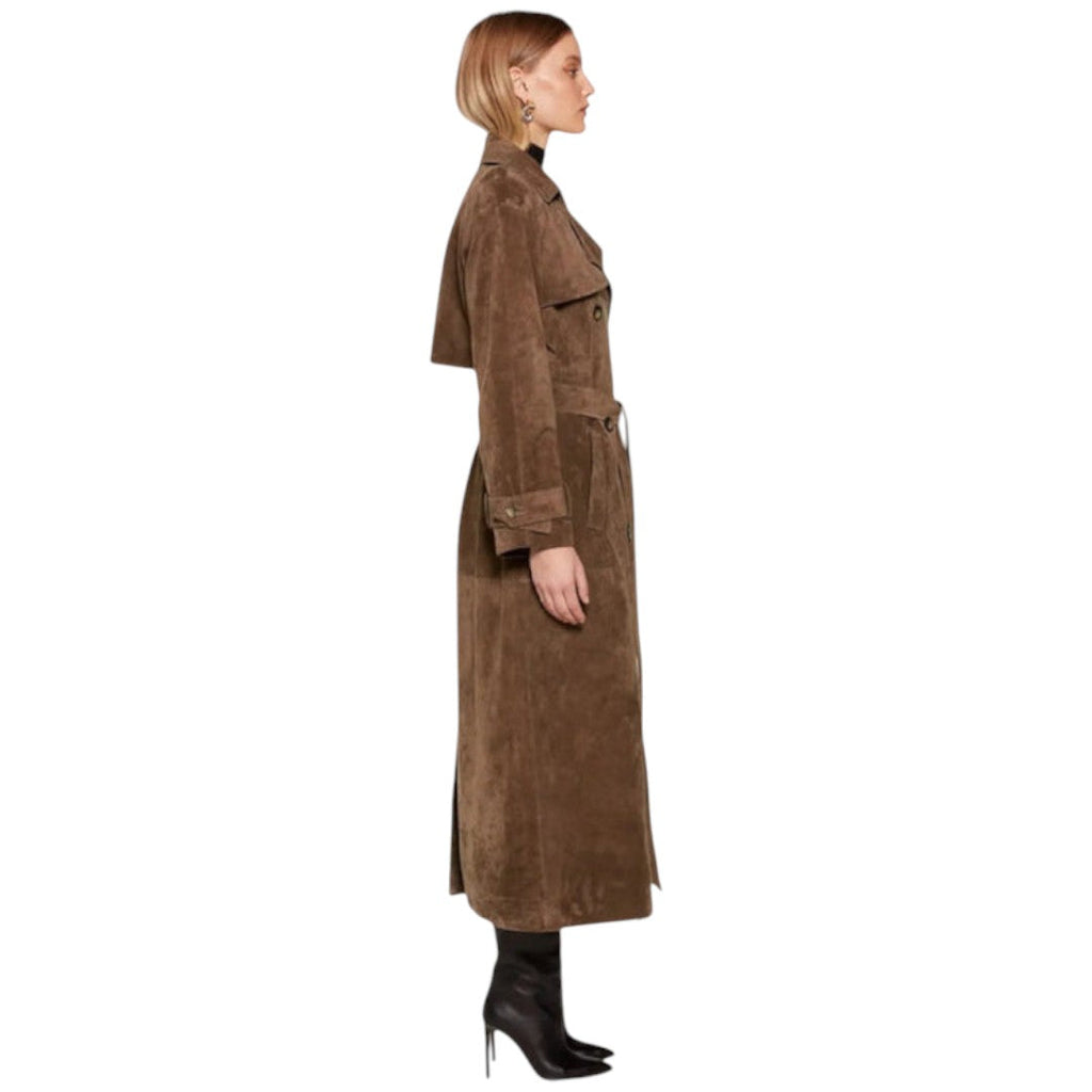 Women’s Long Coat – Button Front, Waist Belt, Collared Design
