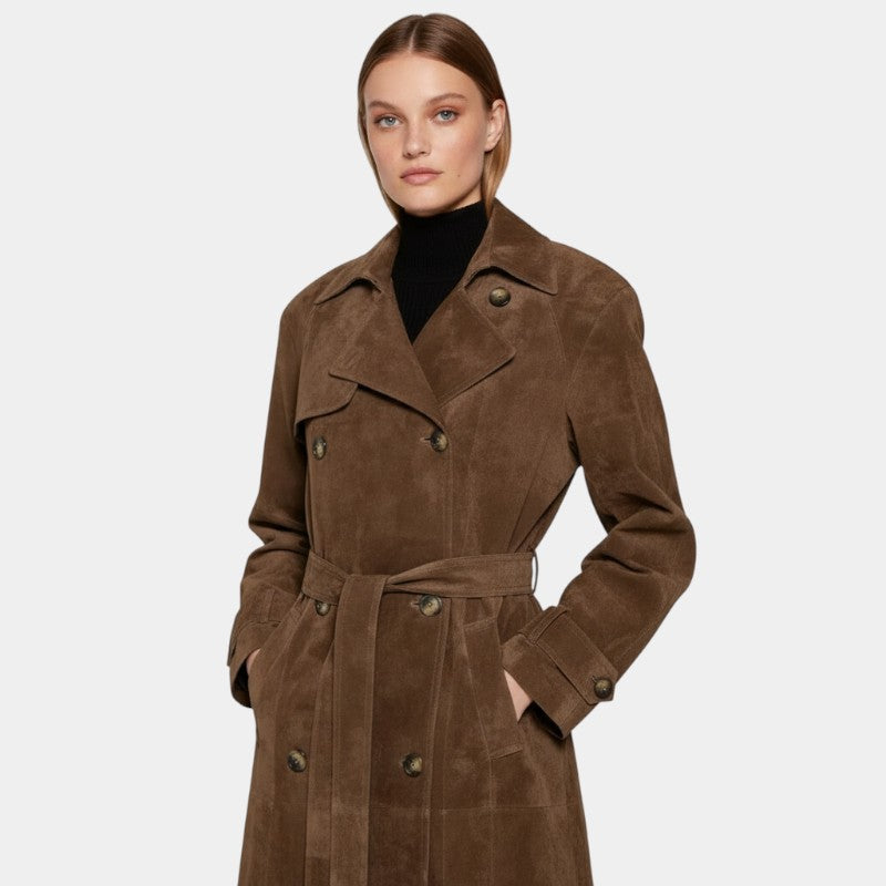 Women’s Long Coat – Button Front, Waist Belt, Collared Design