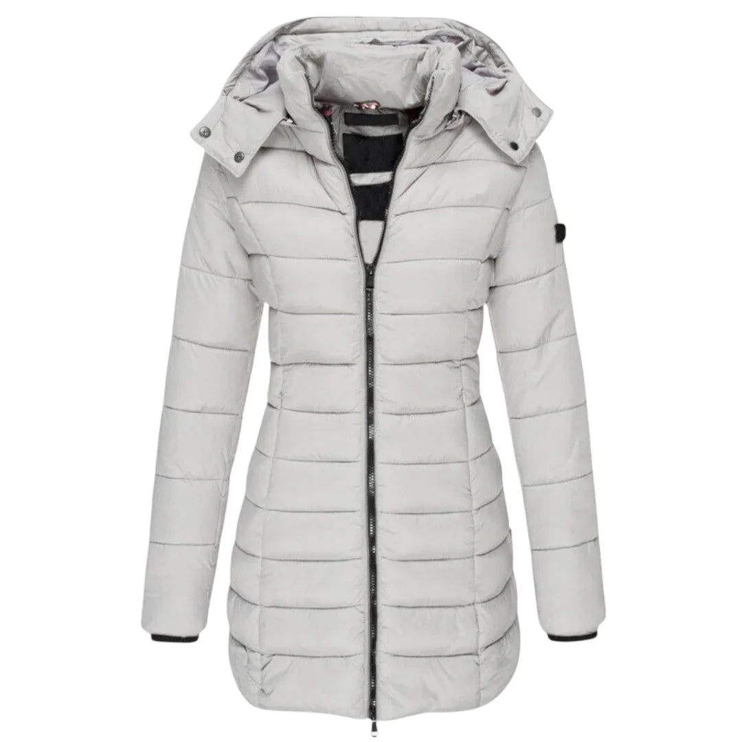 Women’s Mid Length Puffer Coat – Hooded Design, Zip Front, Quilted Finish