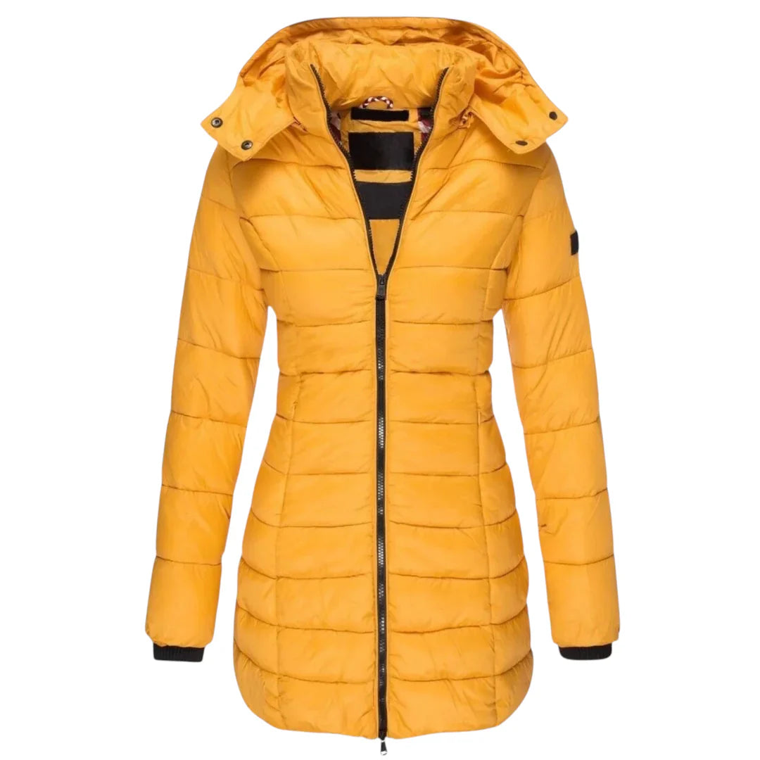 Women’s Mid Length Puffer Coat – Hooded Design, Zip Front, Quilted Finish