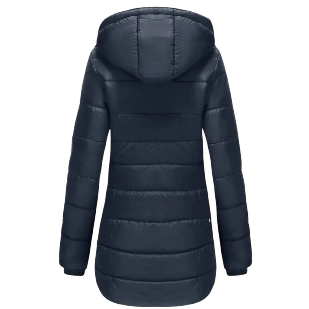 Women’s Mid Length Puffer Coat – Hooded Design, Zip Front, Quilted Finish